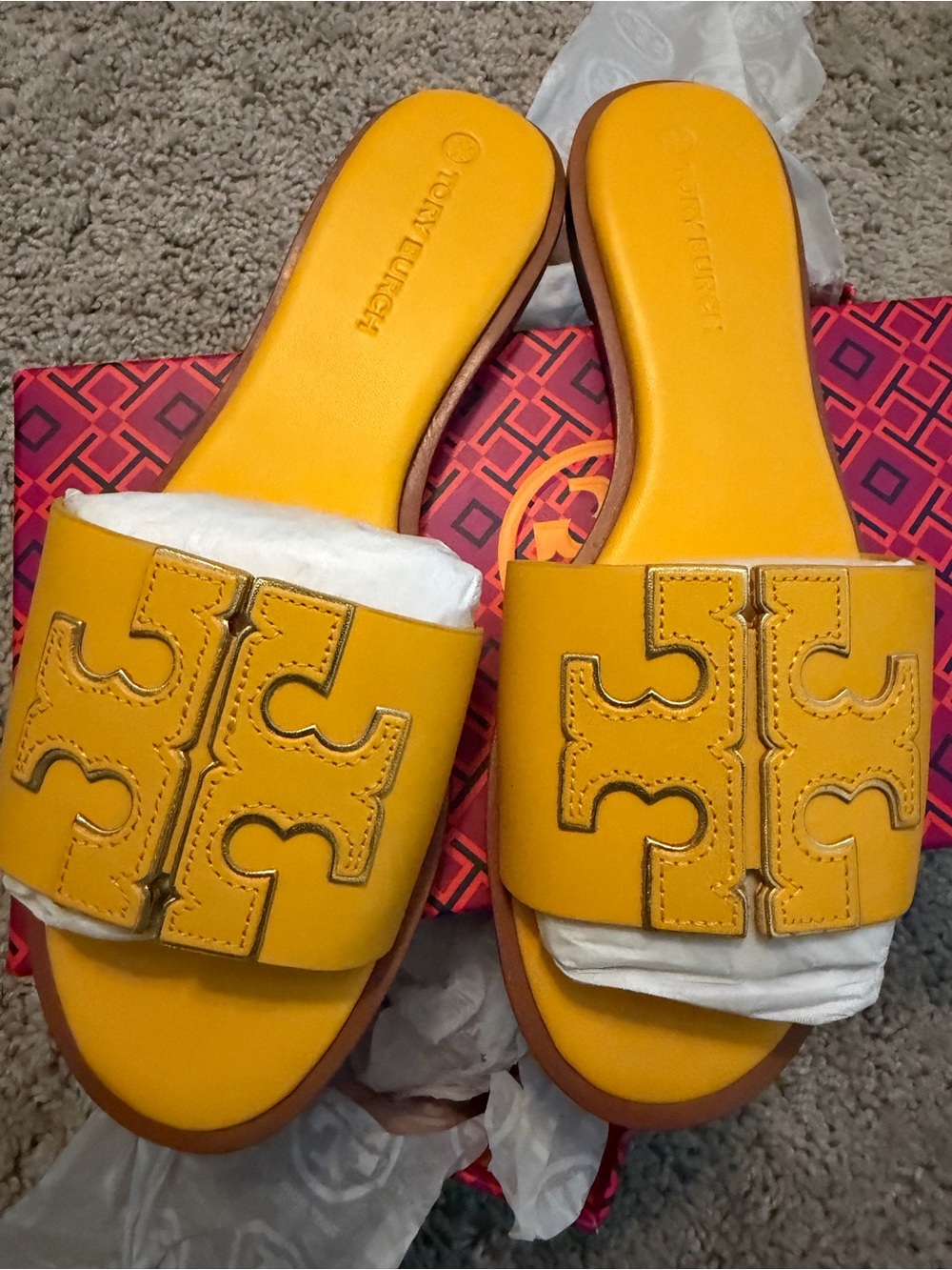 Tory Burch Mustard Yellow Leather Slide Sandals